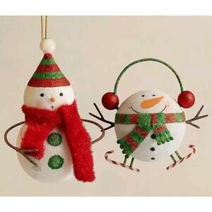 Pier 1 Imports Glitter Skiing Snowman Ball Christmas Ornament Lot Roly Poly